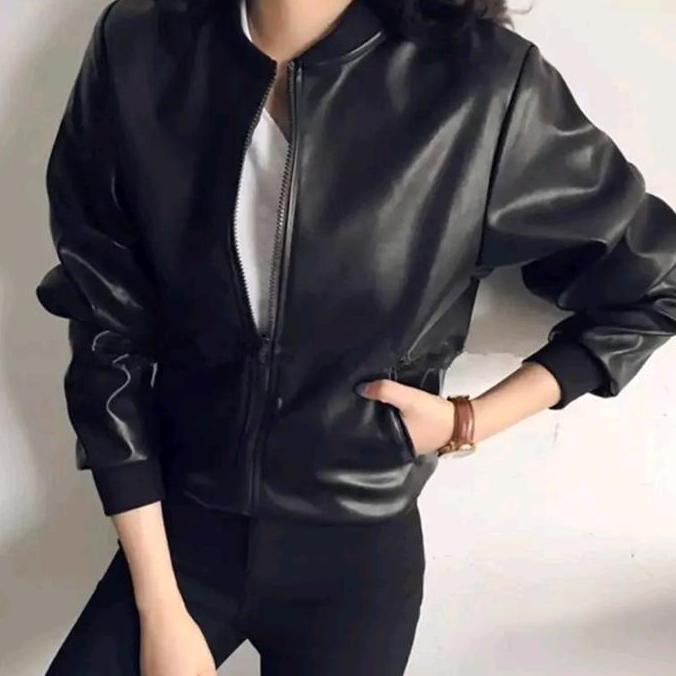 Jaket Kulit Wanita Bomber Motoran Anti Masuk Angin Hijab Outfit Mamba Mafia Musim dingin Santai
