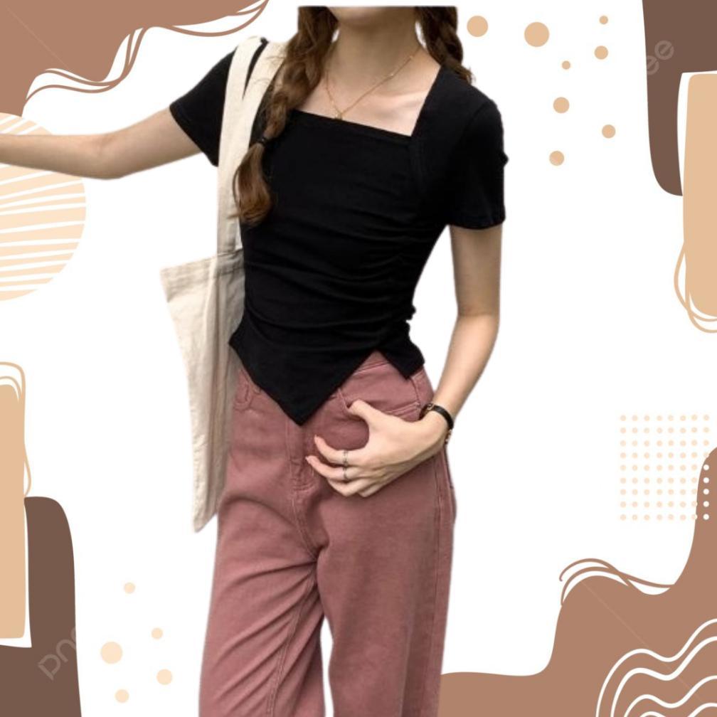 DR134 - Kaos Crop Top Kerut Square Neck,Kaos Kerut Korean,Crop Top Kerut Lengan Pendek