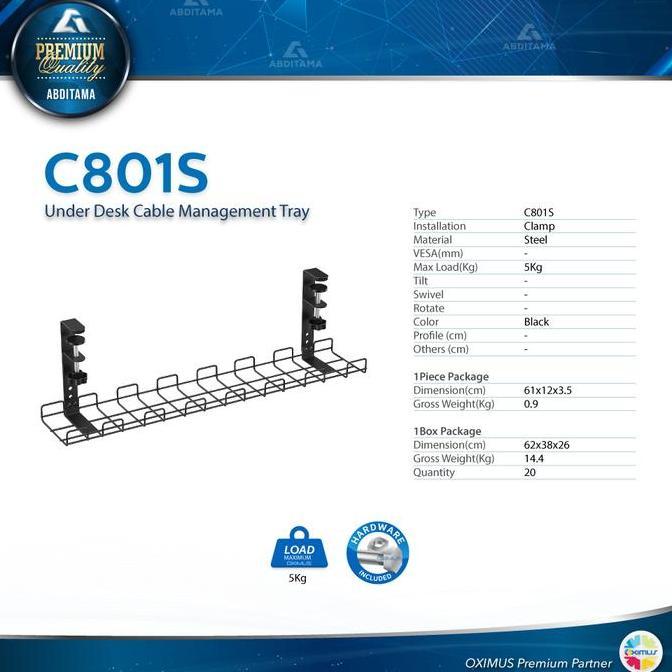 Oximus C801 Compact Clamp-On Under-Desk Cable Management Tray Rak Kabel Meja Jepit Tanpa Bor, Pemasa