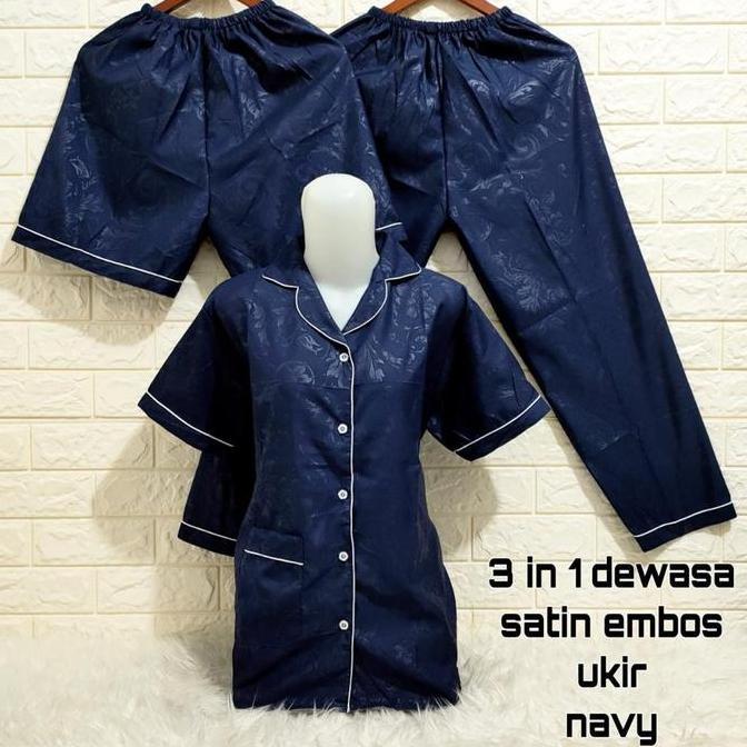 Setelan Piyama 3In1 Baju Tidur Wanita Dewasa,  Bahan Embos 16 Warna Ukuran M / L /Xl / Xxl