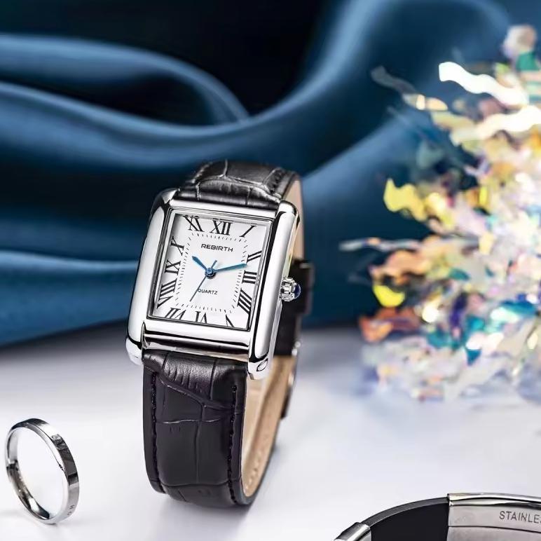 REBIRTH 002 Elegant Women's Quartz Watch Simple Square Dial Leather Strap Waterproof Women's Busines