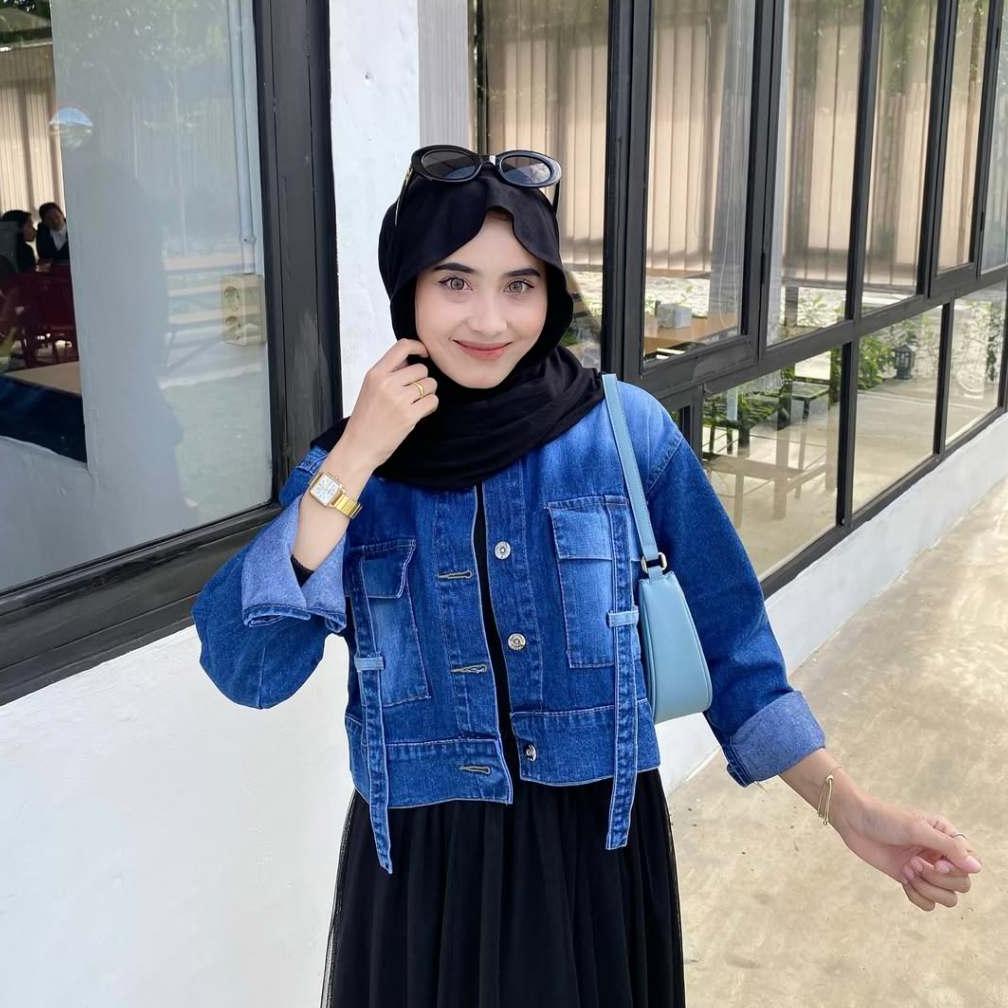 Hemat Emweha Fuji Jaket Crop Jeans Denim Oversize Cewek Pocket Variasi Tali Denim