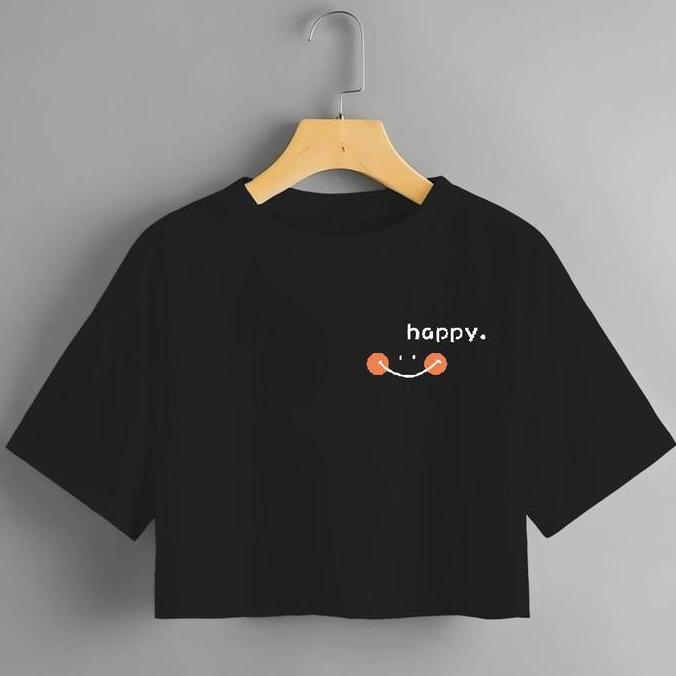 KAOS CROP TOP OVERSIZE / CROP TOP KOREA /CROP WANITA MOTIF HAPPY