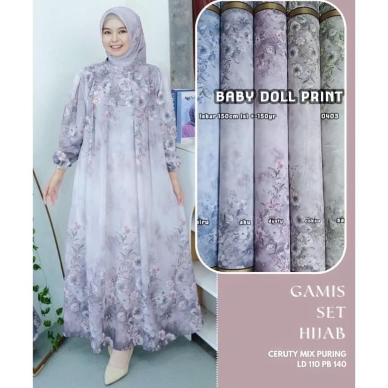 Official Gamis One Set Hijab Ceruty Baby Doll/Gamis Hijab Terbaru/Gamis Muslimah One Set Hijab