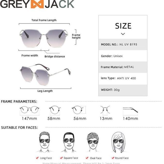 Grosir Grey Jack Kacamata Hitam Sunglasses Anti Uv400 Sun Protection Rimless Bahan Metal Ringan Fash