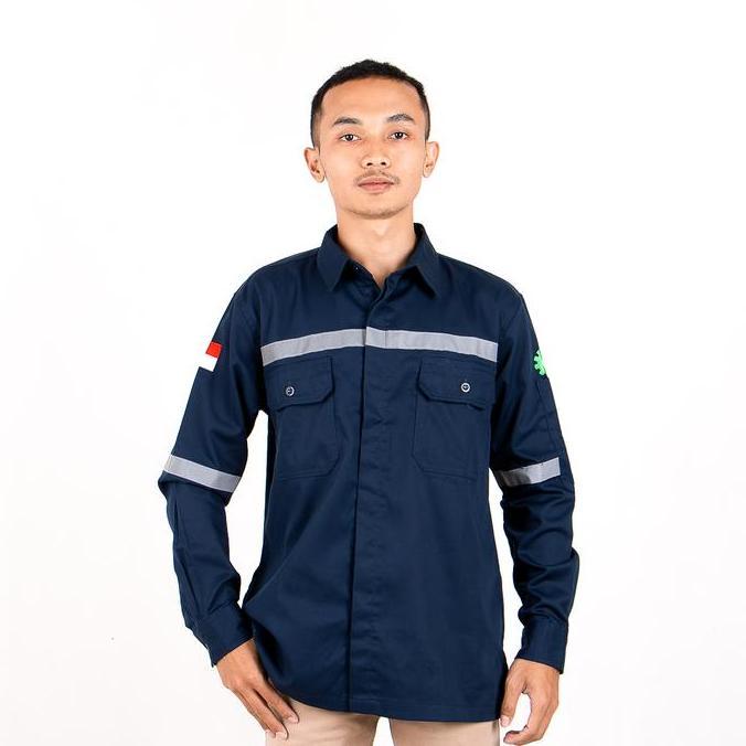 Baju Kemeja Safety Werpak Navy Seragam Kerja Teknisi - Custom Bordir