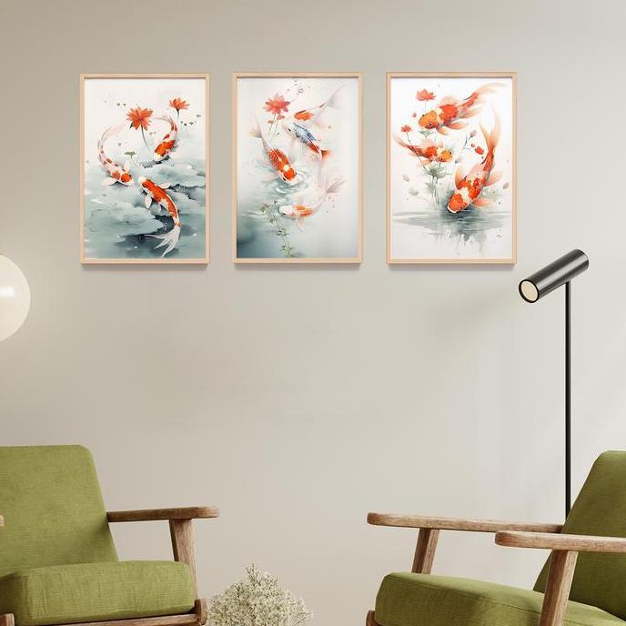 Lukisan Poster Print Ikan Koi frame kayu, dekorasi dinding kamar rumah