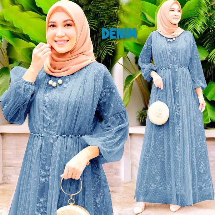 Gamis Salina Tile Mutiara Busui Dress dengan Tangan Wudhu Friendly dan Aksesoris Mutiara di Pinggang