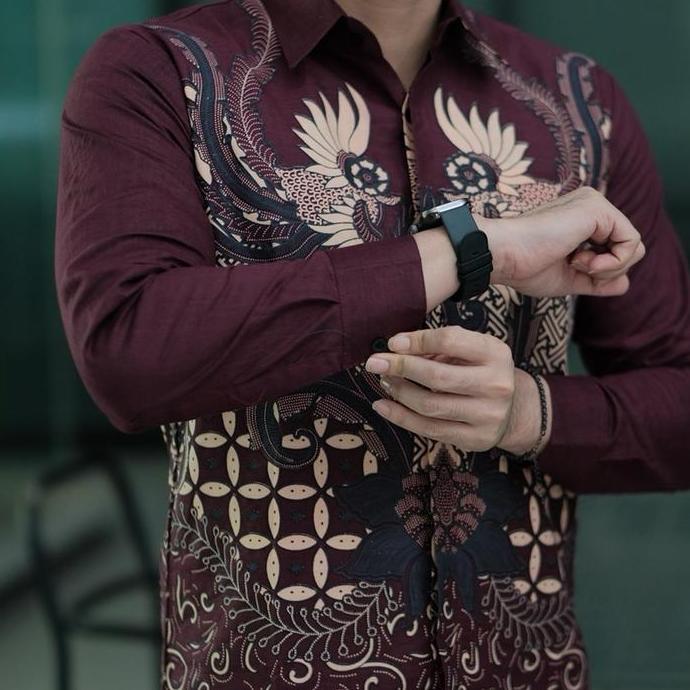 DISKON NISKALA BURGUNDI Kemeja Batik Pria Premium Lengan Panjang Slimfit Lapis Furing Katun POLIMICR