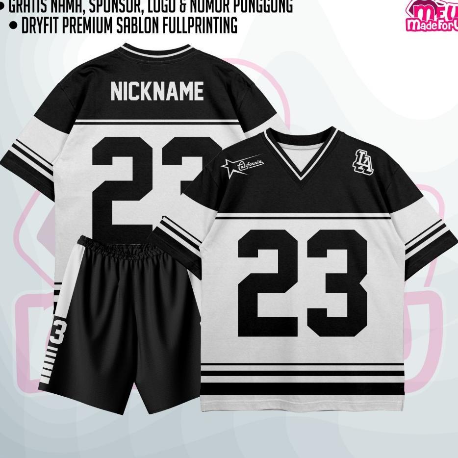 Jersey Custom Wanita/Pria La California Hitam Putih Oversize Kerah V Neck - Gratis Custom Nama Nomor
