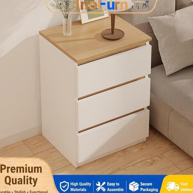 Nakas Minimalis Meja Samping Tempat Tidur Laci Kayu Aesthetic Papan MDF Lemari Kecil Kamar Tidur 2 S