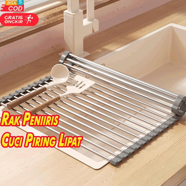 Rak Pengering Cuci Piring Lipat Multifungsi Bahan Stainless Ukuran 50 X 30 Cm | Rak Peniris Cucian W