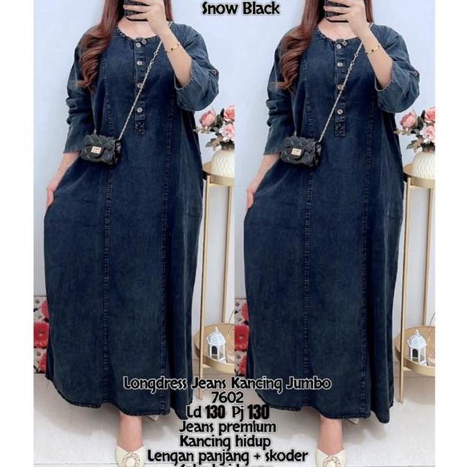 Devarahardians - VIN-7602 GAMIS JEANS KANCING JUMBO SNOW BLACK BLUE WANITA|LONGDRESS JEANS LENGAN PA