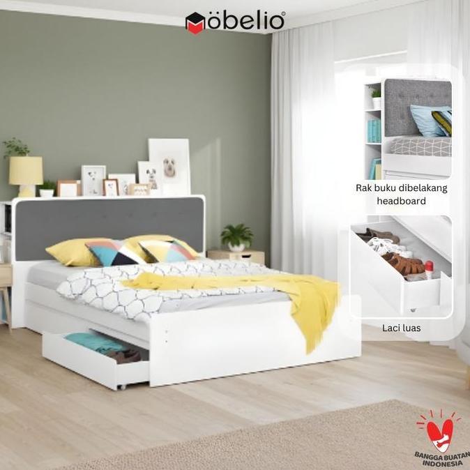 MOBELIO - Ranjang Dipan Tempat Tidur 160 x 200 dan 180 x 200 dengan 2 Laci dan Rak Minimalis Putih -