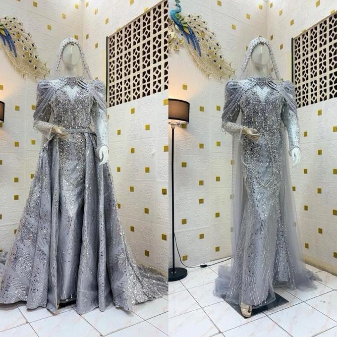 Gaun Pengantin Slim Dress Ekor Lepas Pasang