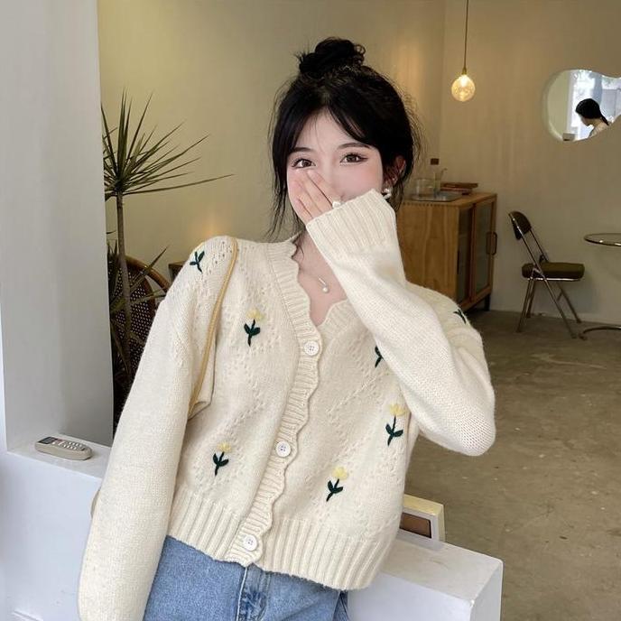 Donttouch- Sweter Bahan Rajutan Pendek Jaket Kardan Lengan Panjang Bunga Bordir Fashion Ramping Baru