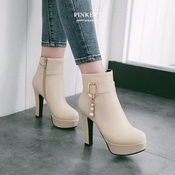 promo pinkey p115 boots wanita heels 11cm chunky platform black / beige / pink (size 3842)