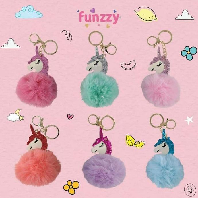 Standard - Funzzy Unicorn Key Chain Isi 3 Pcs ( Gantungan Kunci, / Pom Pom Gantungan di Tas / Tempat