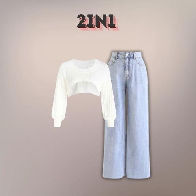 YUK CHECKOUT  TERMURAH 3in1 Set Cantik (Celana Kulot Jeans, Manset Buntung, Blouse Crop Knit ) Outfi