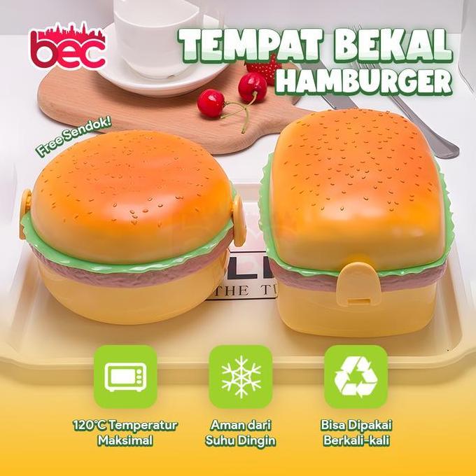 Tempat Bekal / Kotak Makan Hamburger Lunch Box Unik / Ompreng Burger Lucu Susun Wadah Makanan Kekini