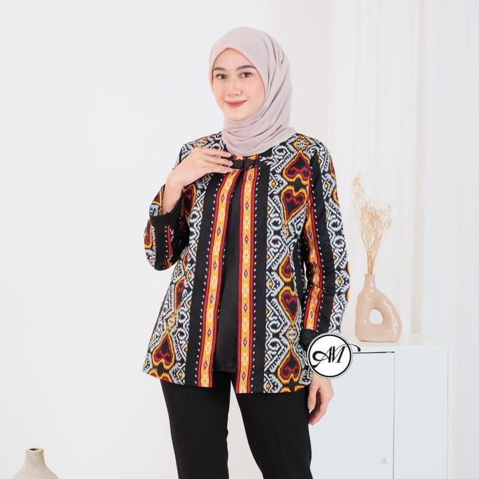 BELI Blus Atasan Bolero Batik Wanita Modern Kantor Katun Hitam Putih Baju Kombinasi Seragam Velvet B
