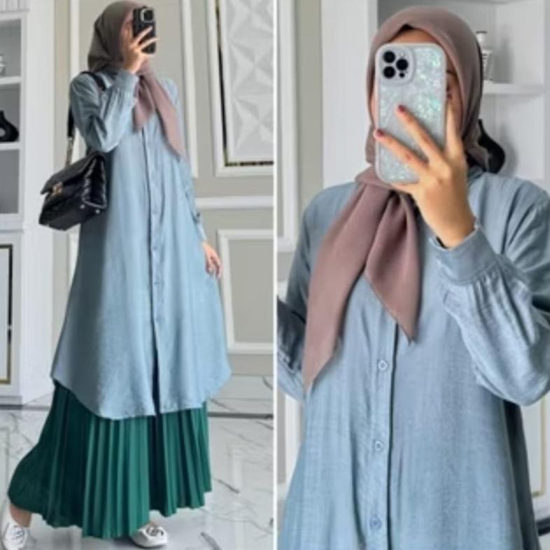 Cuci Gudang Atasan Tunik Polos Wanita Full Kancing Depan Semi Gamis Wanita Tunik Suxexo Terbaru 2025