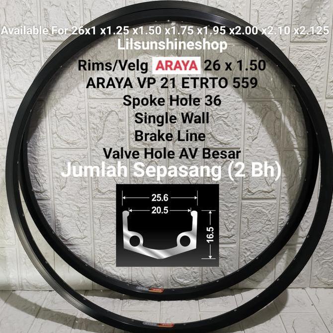 Rims Velg 26 ARAYA VP21 Rim 36H ETRTO 559 Single Wall AV Brake Line Sepeda MTB Federal Hitam / Silve