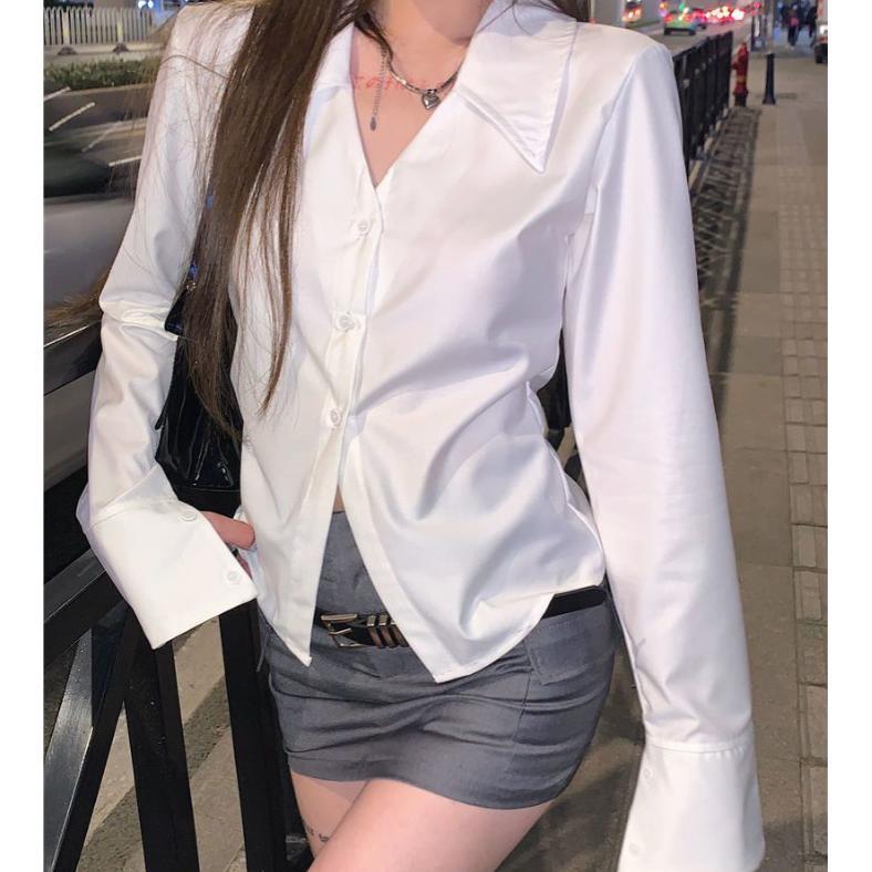 Saless Kemeja Putih Lengan Panjang Kemeja Wanita Gaya Korea Kemeja V-Neck
