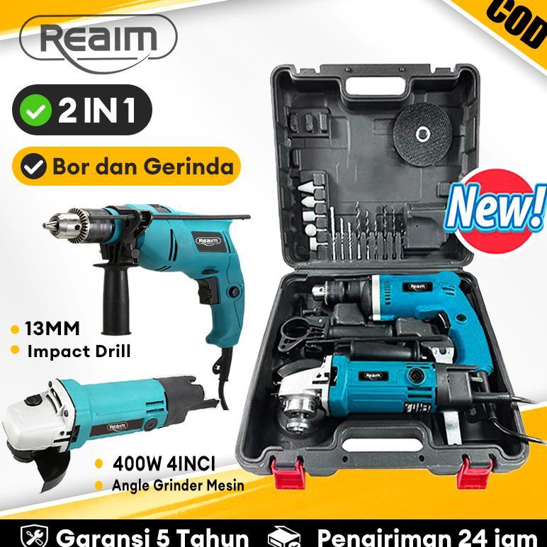 REAIM Mesin Gerinda Tangan dan Mesin Bor Listrik-bor dan gerinda 13mm-bor listrik set lengkap paket