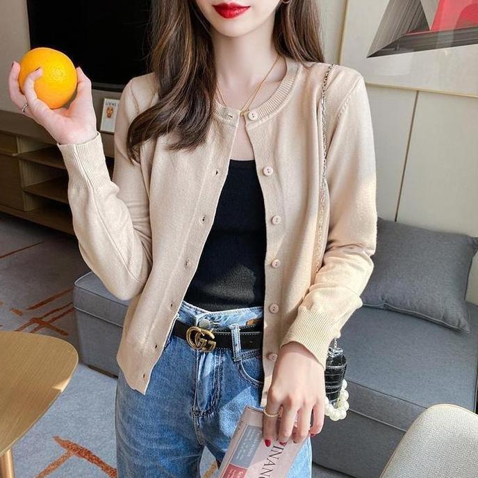 Kardigan rajutan tipis warna polos ramping lengan panjang serbaguna baru Knitwear Wanita Atasan Card