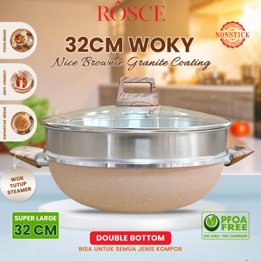 BIG PROMO ROSCE WOK PAN 32CM STEAMER WAJAN SET KUKUSAN STAINLESS JUMBO PANCI GRANIT MARBLE TUTUP KAC