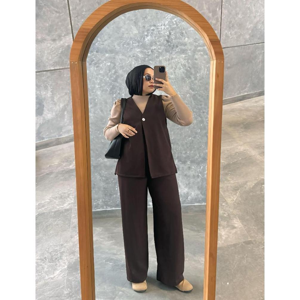 Premium Denacollection Anala Setelan Vest Celana Kulot Wanita Knit Japan  Atasan Tanpa Lengan Blazer