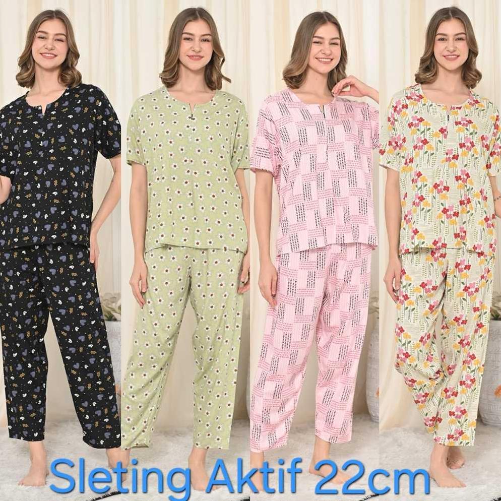 Grosir One Set Piyama Rayon Stelan Celana Panjang Lengan Pendek Sleting Aktif