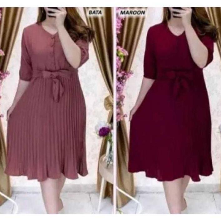 Premium (Murah) Dress Midi Wanita Terbaru / Dress Plisket Cotton Premium Combi / Dress Korea