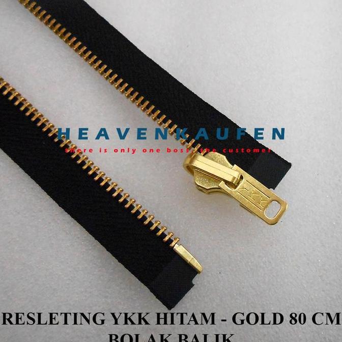 Resleting Zipper Jaket YKK 80 cm Type Gigi Besi Kain Hitam - Gold Emas Bolak Balik Harga Per Pc