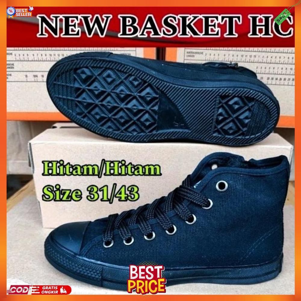 SEPATU SEKOLAH KERJA KULIAH PRIA WANITA HITAM POLOS NEW BASKET HC TINGGI TALI SIZE 31 SD 42 ORIGINAL