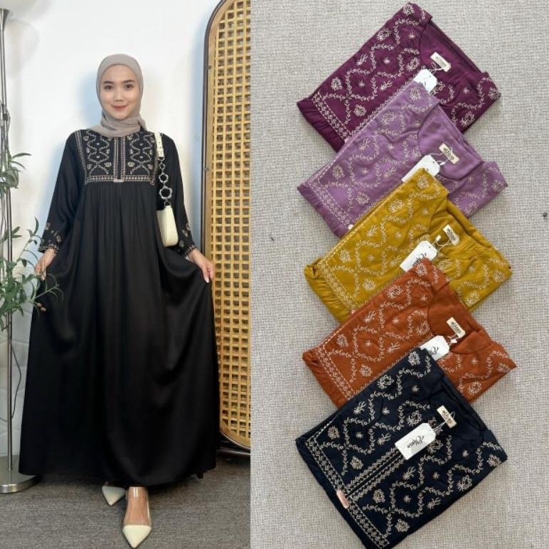 Disc Midi Bordir Mikayla Lengan 3/4 - Midi Semi Gamis Rayon Twill Adem Lembut Dan Berserat - Midi Se