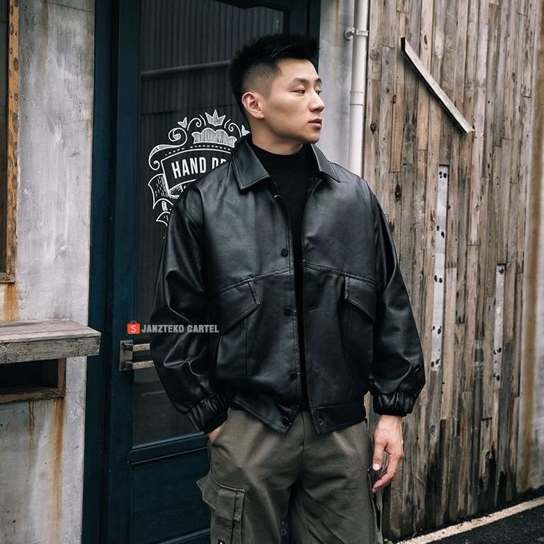 Original Jnk X Minjon - Jaket Pria Bomber Tactical Oversize Retro Bahan Semi Kulit Sintetis Viena Fa