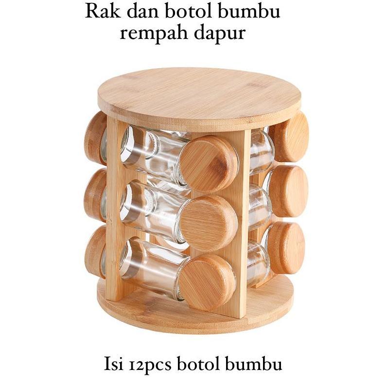 [Me] Rak Kayu Dan Botol Bumbu Kaca Dapur Rak Putar Bumbu Spice Carousel 12 Jar Rotating
