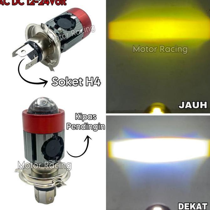 Promo Lampu Utama LED H4 - Lampu depan tipe Laser + Kipas Pendingin - Lampu utama Motor Putih Kuning