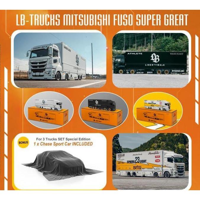 GCD 1/64 LBWK MITSUBISHI LB TRUCKS FUSO SUPER GREAT LBWK SET WITH SPORT CAR - DIECAST MOBIL MODEL MI