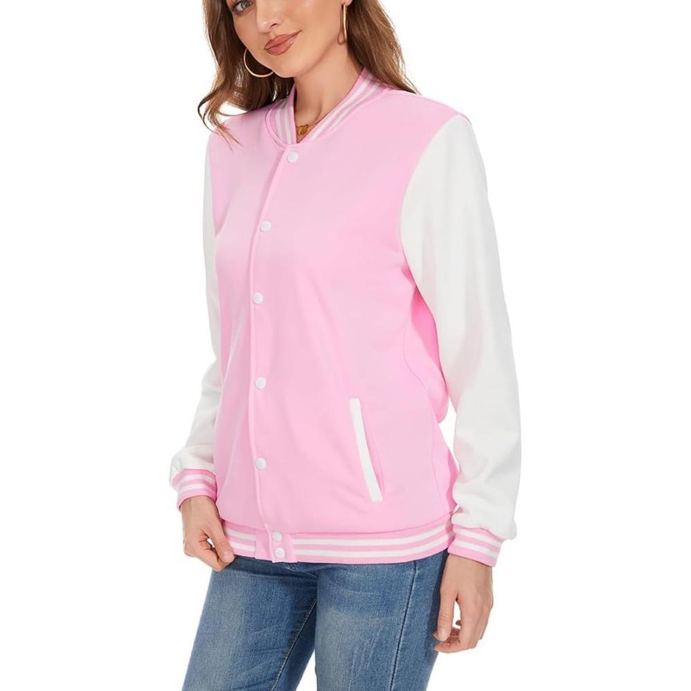 Diskon Hanasa Jacket Varsity Kancing Wanita Pink Unisex Bomber Baseball