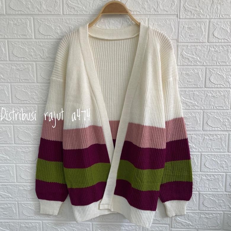 Premium Cardigan Long Rajut Oversize Motif Blaster Vintage Garis-Garis