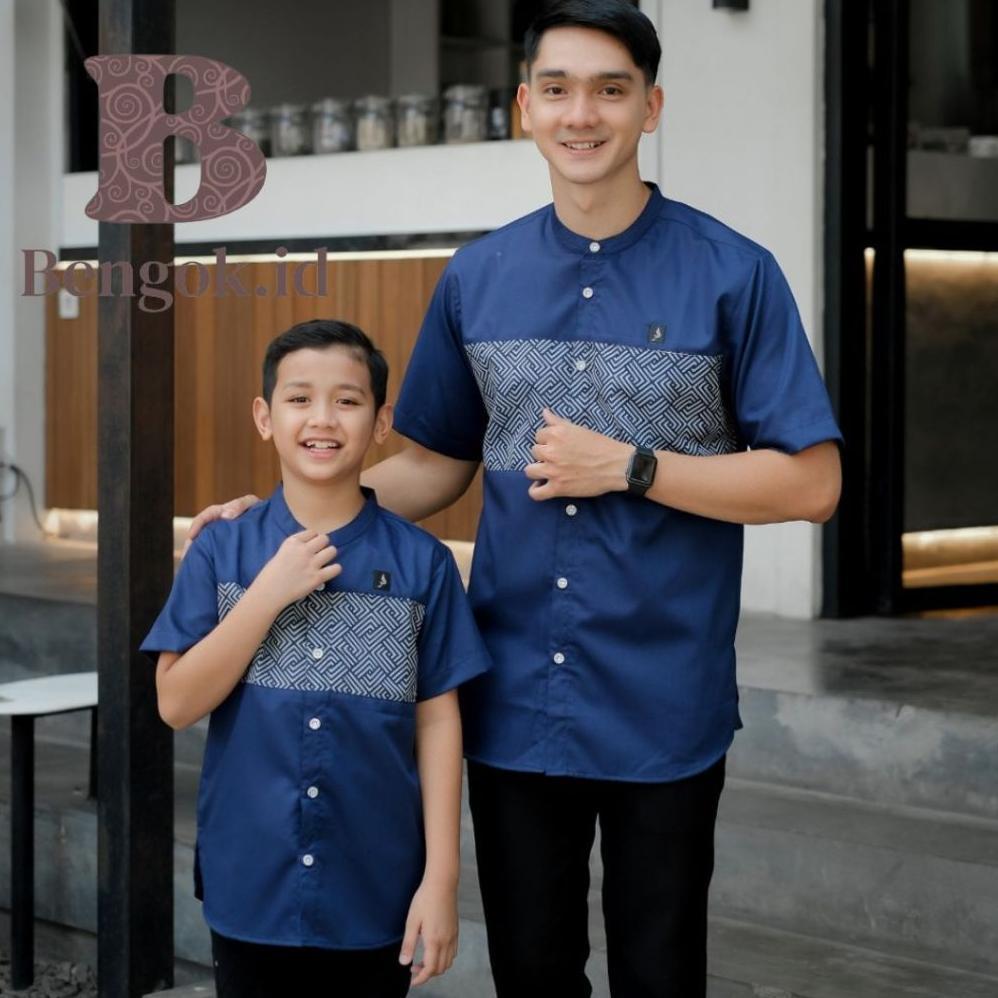 HEMAT BAJU KOKO LENGAN PENDEK COUPLE MOTIF KOMBINASI BATIK WARNA HITAM  COUPLE AYAH DAN ANAK PREMIUM