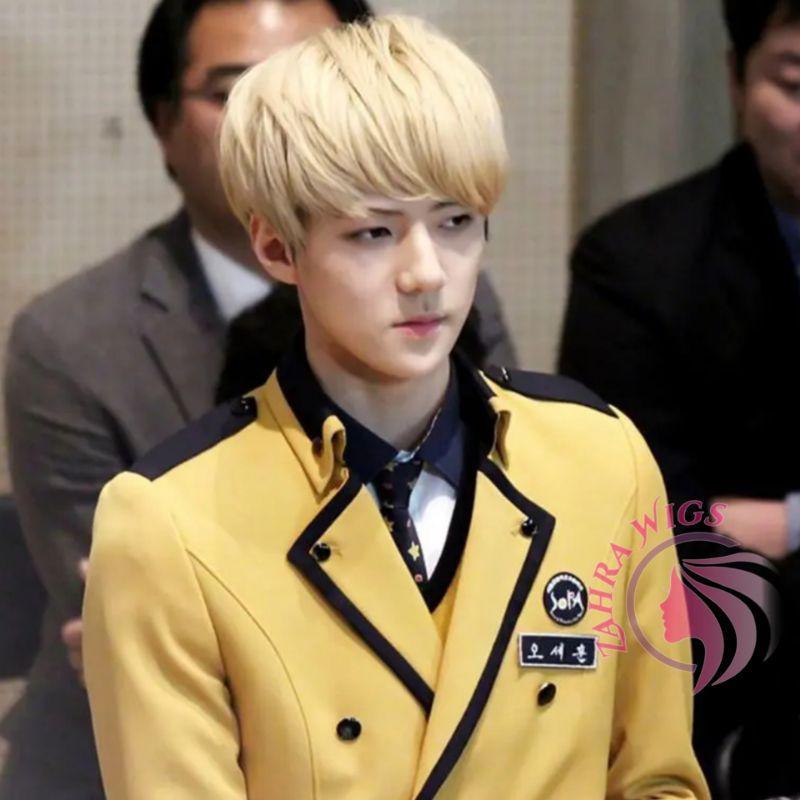 Wig Rambut Palsu Pendek Pria Dengan Poni Warna Kuning Gading
