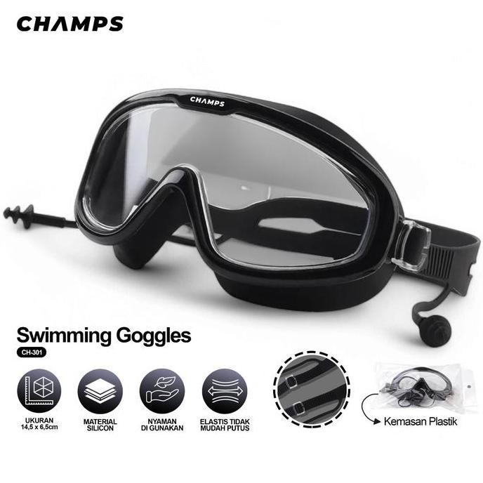 CHAMPS Kacamata Renang Dewasa Anti UV CH-301 | Swimming Goggles dengan Ear Plug Built-in | Anti Fog 