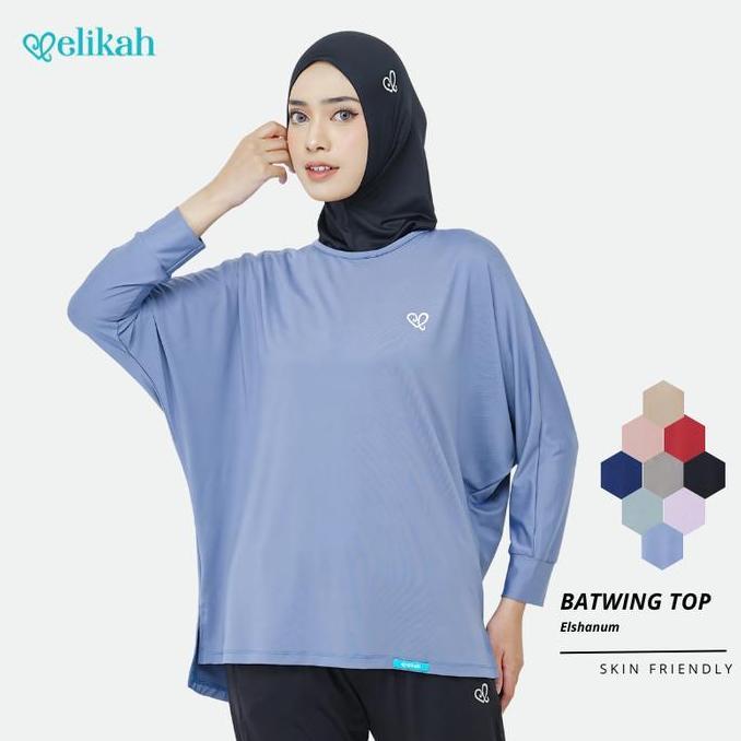 Grosir [Terbaru] Elikah Atasan Baju Olahraga Wanita Hijab Polos Elsanum Batwing Oversize Polynilon