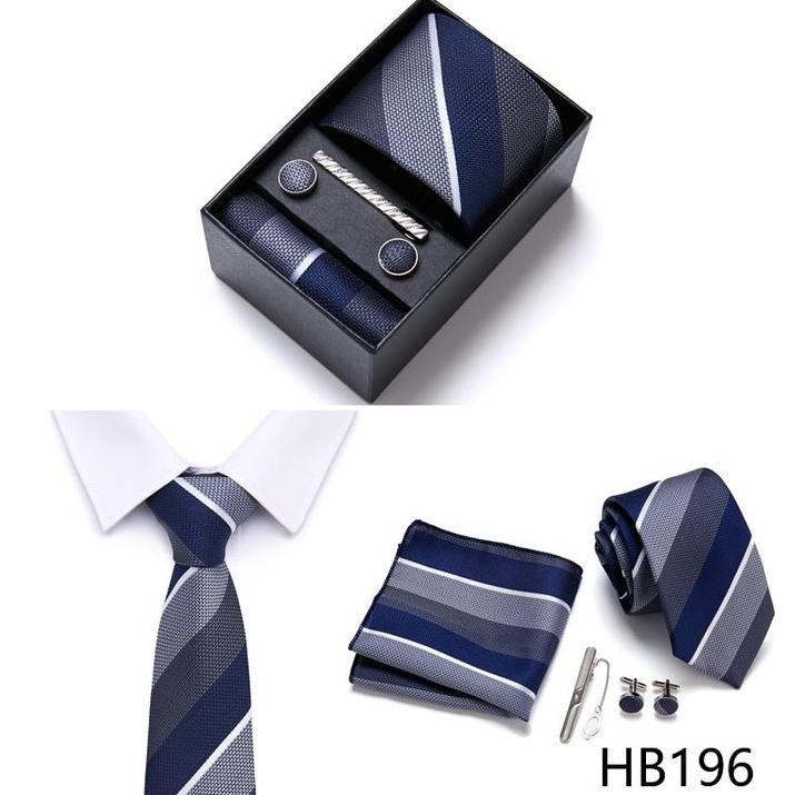 Kara_jayabadi - Dasi Set silk 8cm Set Cufflink Saputangan Jas Box NAVY BIRU MUDA BLUE BIRU DONGKER