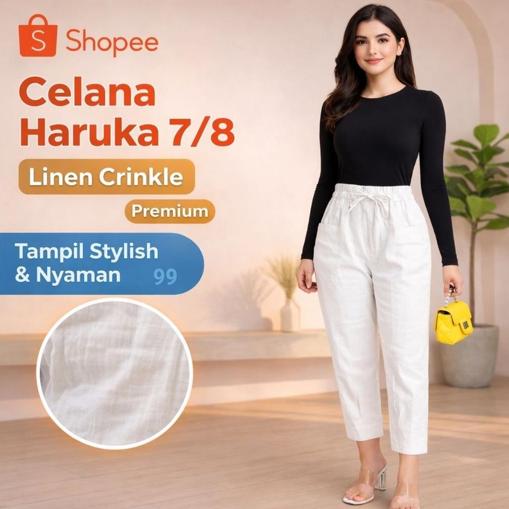 Viral  Celana 7/8 Wanita Haruka Linen Crinkle Premium Standar & Jumbo Ankle Pants Highwaist Loose Ku