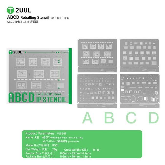Cetakan Ic 2UUL BG01 ABCD Reballing Stencil for iPh 8-16PM (4pcs/pack) + 4 Mata Pisau